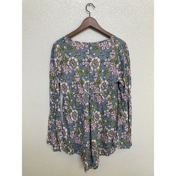 Tiare Hawaii Blue & Pink Floral Flare long Sleeve Romper One Size boho vacation - Picture 7 of 7